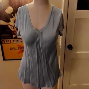 Women's Satin Light Blue V-Neck Top